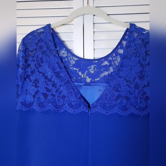 Badgley Mischka Belle Dress‎  Blue Lace Short Sleeve , Size 14 - Picture 8 of 13
